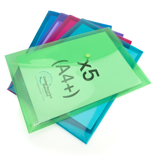 ECO GRS Recycled A4+ Popper Wallet - Assorted Bright Transparent - Pack of 5
