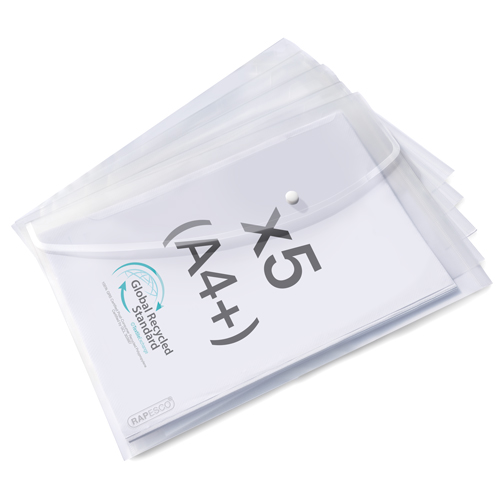 ECO GRS Recycled A4+ Popper Wallet - Clear - Pack of 5
